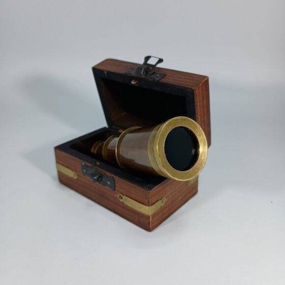 Antique Brass & Glass Mini Telescope w/Wooden Box, Hand Made - Picture 2 of 10